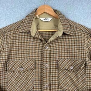 Vintage Woolrich Shirt Men's Large Tan Wool Blend Flannel WPL6635 USA 1970 Brown